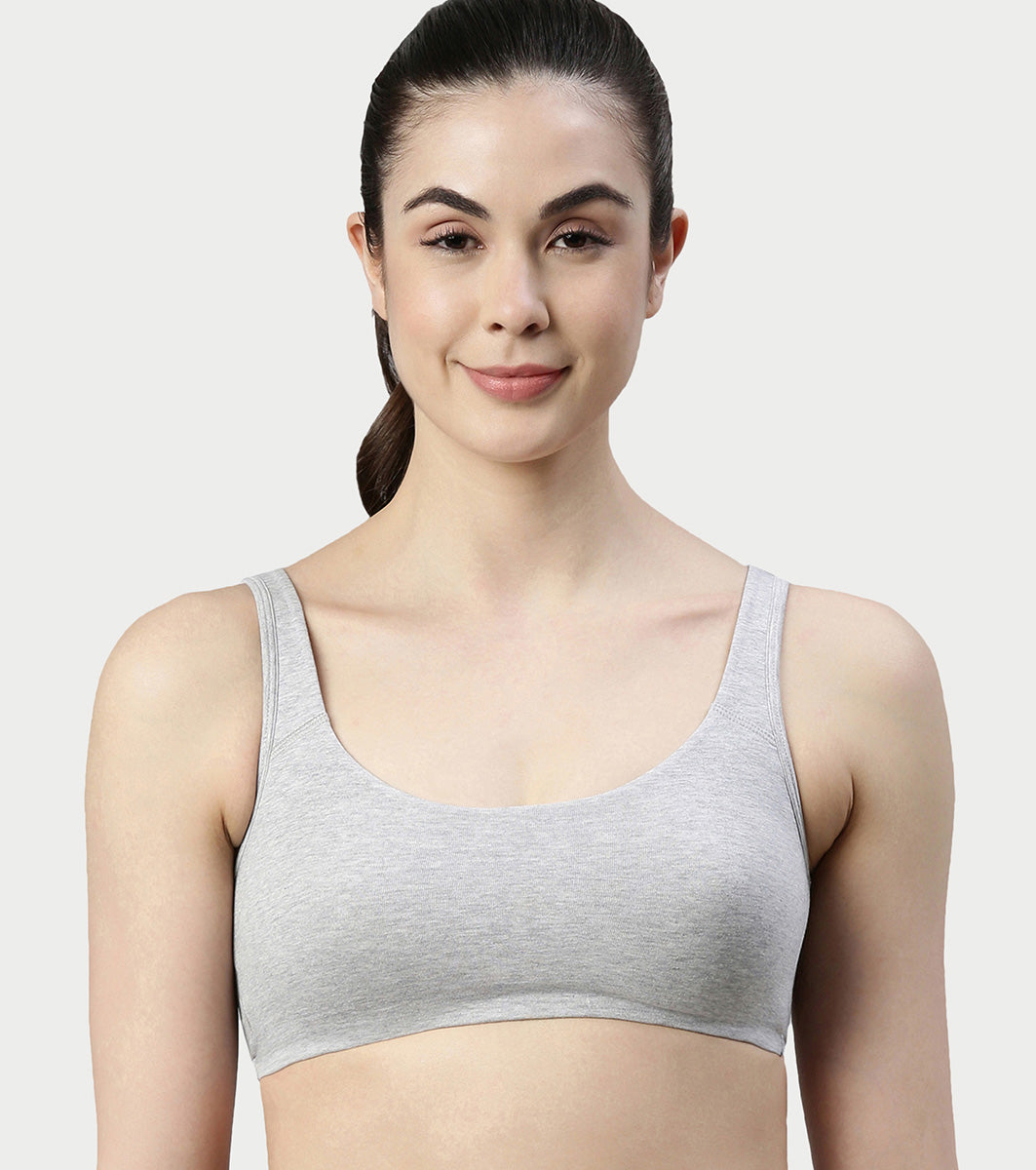 Enamor Low Impact Women's Cotton Everyday Sports Bra - All Day Comfort, Non Padded, Wirefree, High Coverage - SB06 (Greymelange)